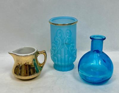 3 piece vintage collection - Gold Ceramic Pitcher, Milk Glass Blue Gold Vase, Glass Vase