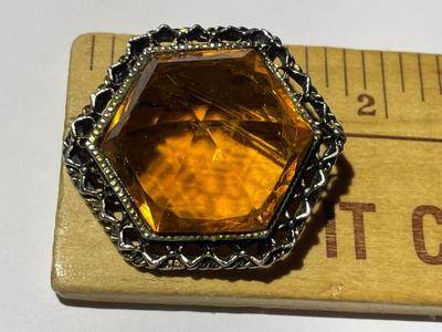 Vintage Large Citrine Colored Stone Costume/Fashion Pin or Pendant in Good Preowned Condition.