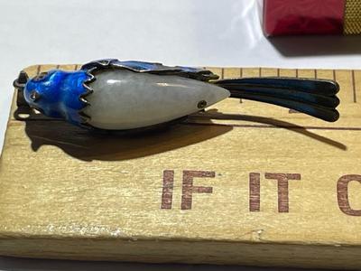 Antique Chinese Export Jade Cocoon Blue Bird Enamel Gilded Silver Pendant in VG Preowned Condition