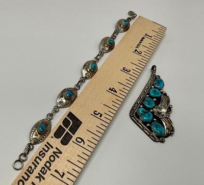 Navajo Pendent with bracelet, sterling with turquoise stones