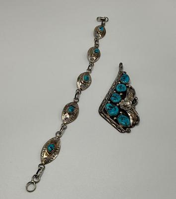 Navajo Pendent with bracelet, sterling with turquoise stones