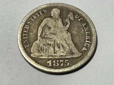 1875-CC (CARSON CITY MINT MARK ABOVE WREATH) GOOD CONDITION LIBERTY SEATED DIME TYPE COIN AS PICTURED.