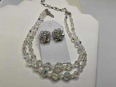 Vintage Aurora Borealis Crystal Necklace 14in w/Clip Earrings