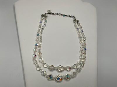 Vintage Aurora Borealis Crystal Necklace 14in w/Clip Earrings