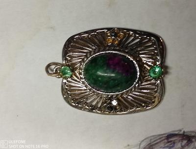 Ziosite Ruby & 14k Gold Pendant w/ 2 .50ct Round Emeralds