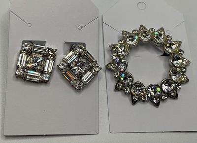 Glitzy Crystal Clip Earrings and Brooch