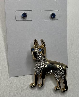Gold tone Dog Pin w/Austrian crystals and Blue eyes plus PE w/blue stone
