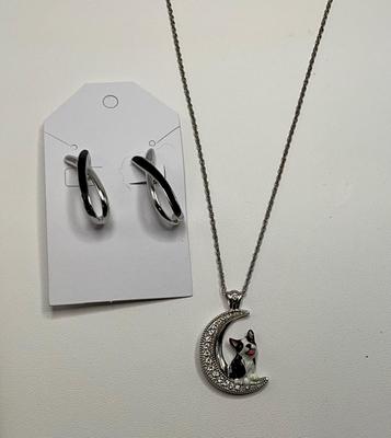 Puppy on the moon NK w/crystals and Black/Silver Pierced earrings