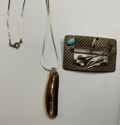 Native American pendant, bronze brooch w/blue turquoise stone