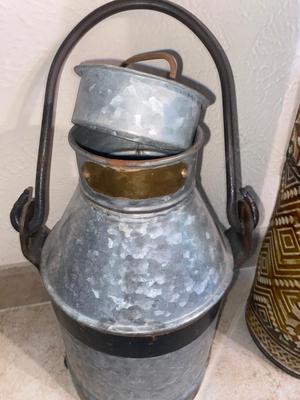 TRENDY GALVANIZED CAN WITH IRON HANDLE AND LARGE TIN VASE