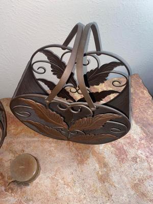 CANDLE, DOUBLE COPPER FRUIT BASKET AND LIKE HANDLED BASKET