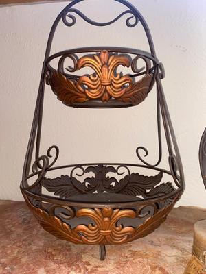 CANDLE, DOUBLE COPPER FRUIT BASKET AND LIKE HANDLED BASKET