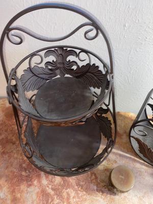 CANDLE, DOUBLE COPPER FRUIT BASKET AND LIKE HANDLED BASKET