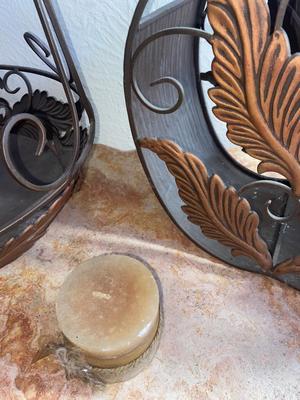 CANDLE, DOUBLE COPPER FRUIT BASKET AND LIKE HANDLED BASKET
