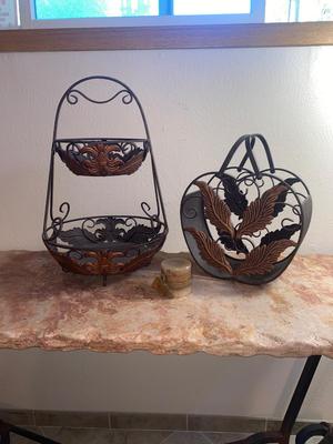 CANDLE, DOUBLE COPPER FRUIT BASKET AND LIKE HANDLED BASKET