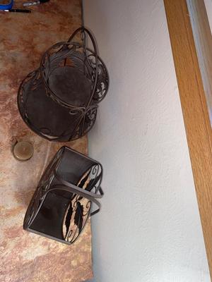 CANDLE, DOUBLE COPPER FRUIT BASKET AND LIKE HANDLED BASKET
