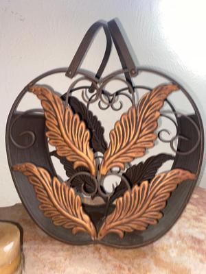 CANDLE, DOUBLE COPPER FRUIT BASKET AND LIKE HANDLED BASKET