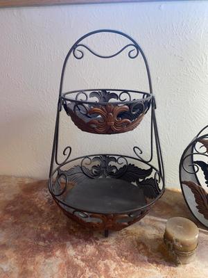 CANDLE, DOUBLE COPPER FRUIT BASKET AND LIKE HANDLED BASKET