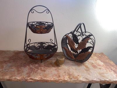 CANDLE, DOUBLE COPPER FRUIT BASKET AND LIKE HANDLED BASKET