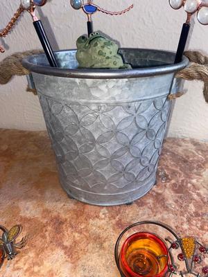 CUTE LITTLE BUGS & FROG IN GALVANIZED CAN, WITH TEA LIGHT CANDLE HOLDERS & POLISHED ROCKS