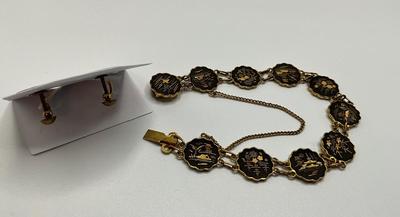 1940’s Japan Damascene Panelled Bracelet with Clip On Earrings Rare find
