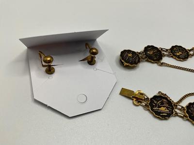 1940’s Japan Damascene Panelled Bracelet with Clip On Earrings Rare find