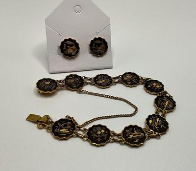 1940’s Japan Damascene Panelled Bracelet with Clip On Earrings Rare find