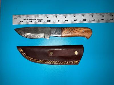 Damascus steel hunting knife with wood handle