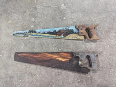 Hand Painted Hand Saws Oil Landscape By Mark Nelson & Farm Scene By Neollis