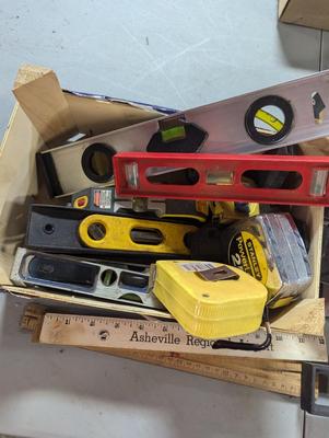 Assortment Of Measuring Tapes Levels & Hardware