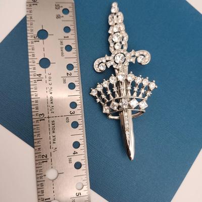 Sword and Crown Rhinestone Brooch