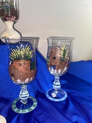 LOVELY HAND PAINTED GOBLETS A PRETTY CANDLE HOUSE AND MORE!