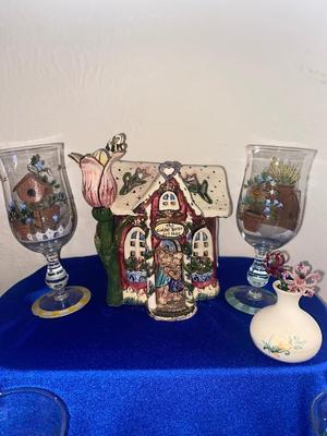 LOVELY HAND PAINTED GOBLETS A PRETTY CANDLE HOUSE AND MORE!