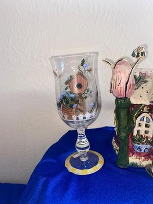 LOVELY HAND PAINTED GOBLETS A PRETTY CANDLE HOUSE AND MORE!