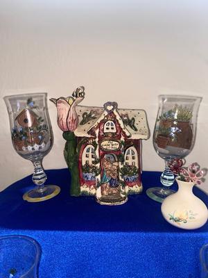 LOVELY HAND PAINTED GOBLETS A PRETTY CANDLE HOUSE AND MORE!