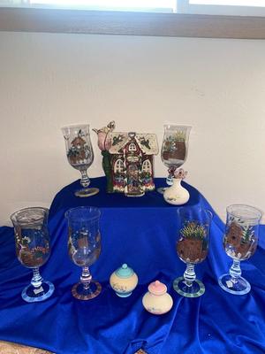 LOVELY HAND PAINTED GOBLETS A PRETTY CANDLE HOUSE AND MORE!