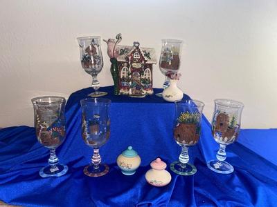 LOVELY HAND PAINTED GOBLETS A PRETTY CANDLE HOUSE AND MORE!