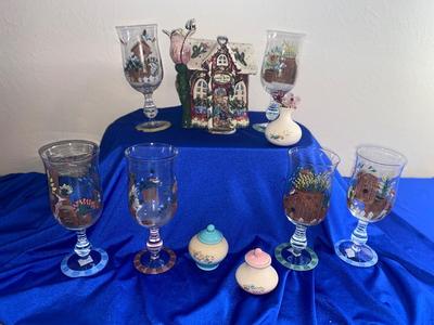 LOVELY HAND PAINTED GOBLETS A PRETTY CANDLE HOUSE AND MORE!