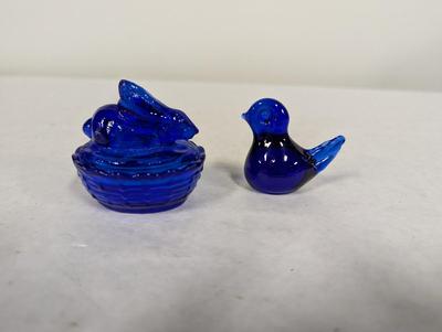 Cobalt Blue Nesting Rabbit & Bird (signed)