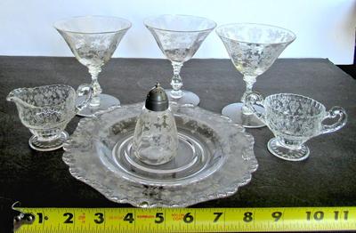 Lot of 1940-50's Etched Glass: Cambridge Diane, Rosepoint and Others