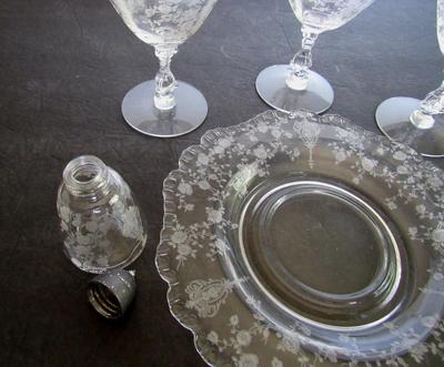 Lot of 1940-50's Etched Glass: Cambridge Diane, Rosepoint and Others