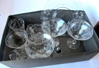 Lot of 1940-50's Etched Glass: Cambridge Diane, Rosepoint and Others