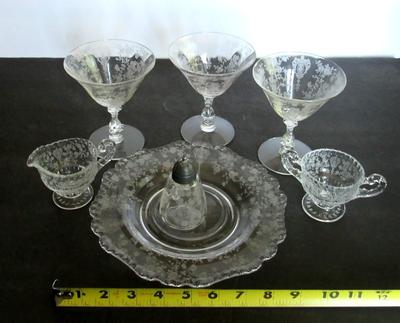 Lot of 1940-50's Etched Glass: Cambridge Diane, Rosepoint and Others