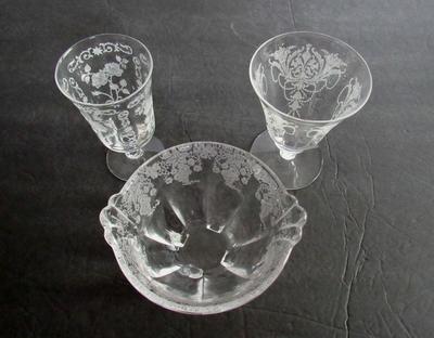 Lot of 1940-50's Etched Glass: Cambridge Diane, Rosepoint and Others