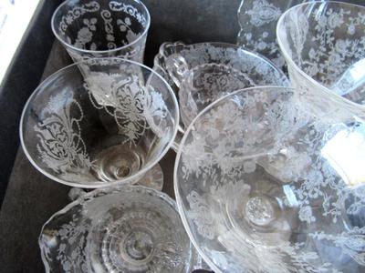Lot of 1940-50's Etched Glass: Cambridge Diane, Rosepoint and Others