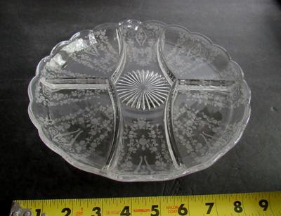 Pretty Large 1940's Etched Glass Divided Relish Dish: Cambridge Diane