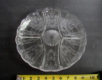 Pretty Large 1940's Etched Glass Divided Relish Dish: Cambridge Diane