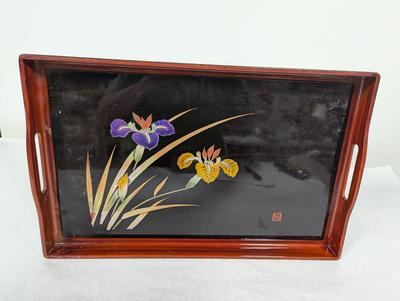 Vintage Black & Red Lacquer Irises Tray Made In Japan