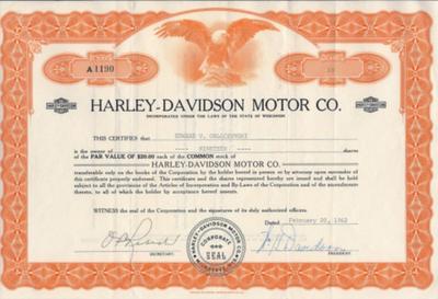 Hand Signed Harley Davidson Stock Cert. & 2 GM Certs.