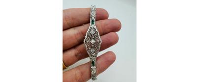 Vintage Art Deco 14K White Gold Filigree Diamond Emerald Bracelet